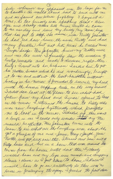 Moe Howard's Handwritten Manuscript Page When Writing His Autobiography -- Moe Gives Himself His Famous Bowl Haircut, ''I proceeded to encircle my head with the scissors'' -- Single 8'' x 12.5'' Page